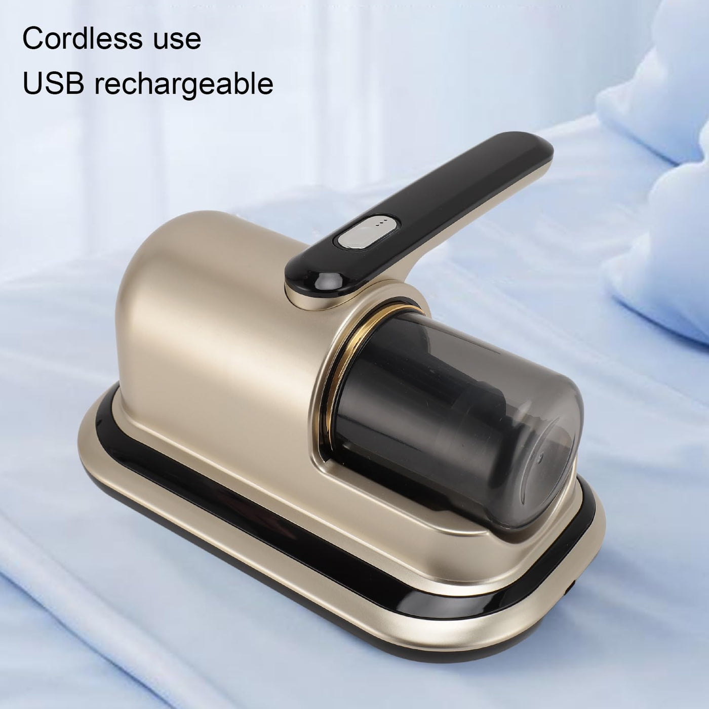 HURRISE Kabelloser Matratzenstaubsauger, Leistungsstarkes Doppelklopfen, Klopfmodus, Reinigungslicht, 2 Gänge, Geräuscharm, für den Heimgebrauch, ABS-Materialien, Champagnergold