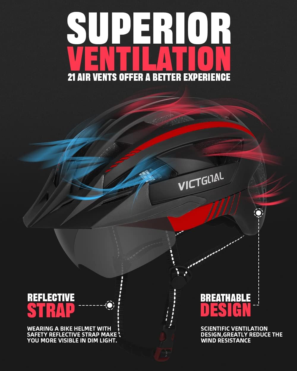 VICTGOAL Fahrradhelm Herren Damen MTB Helm mit Abnehmbarer Magnetische Schutzbrille Visier Atmungsaktiv mit 21 Belüftungskanäle Radhelm Einstellbare Fahrradhelme (L: 57-61cm, Schwarz Rot)