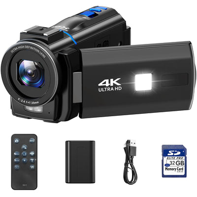 Videokamera 4K, 48MP Camcorder Vlogging Camera für YouTube, 16X Digitalzoom Nachtsicht Vlog Kamera, 3" 270° drehbarer Touchscreen Webcam Video Camera 4K mit 32GB SD-Karte, Fülllicht, Fernbedienung