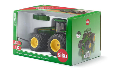 siku 3292, John Deere 8R 410 mit Doppelbereifung, Spielzeug-Traktor, 1:32, Metall/Kunststoff, Grün, Abnehmbares Frontgewicht, Achsschenkellenkung, Abnehmbare Kabine, Front- und Heckkupplung