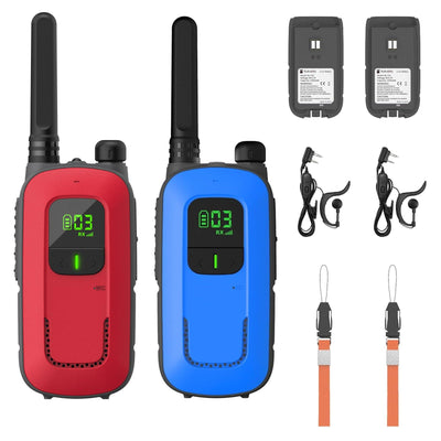 Radioddity PR-T3 Walkie Talkie für Kinder 16 Kanäle PMR446 Funkgerät für 3-12 Jahre Kinder VOX mit Taschenlampe 4KM Reichweite für Abenteuer, Outdoor, Camping, 2 Stücke(Rot & Blau)