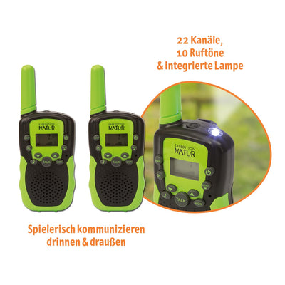 Moses. Expedition Natur Walkie-Talkie, 2 Walkie-Talkies für Kinder ab 6 Jahren, bis zu 3 km Reichweite, 22 Kanäle, 2er Set Funkgeräte mit integrierter Taschenlampe & Gürtelclip, Outdoor-Spielzeug