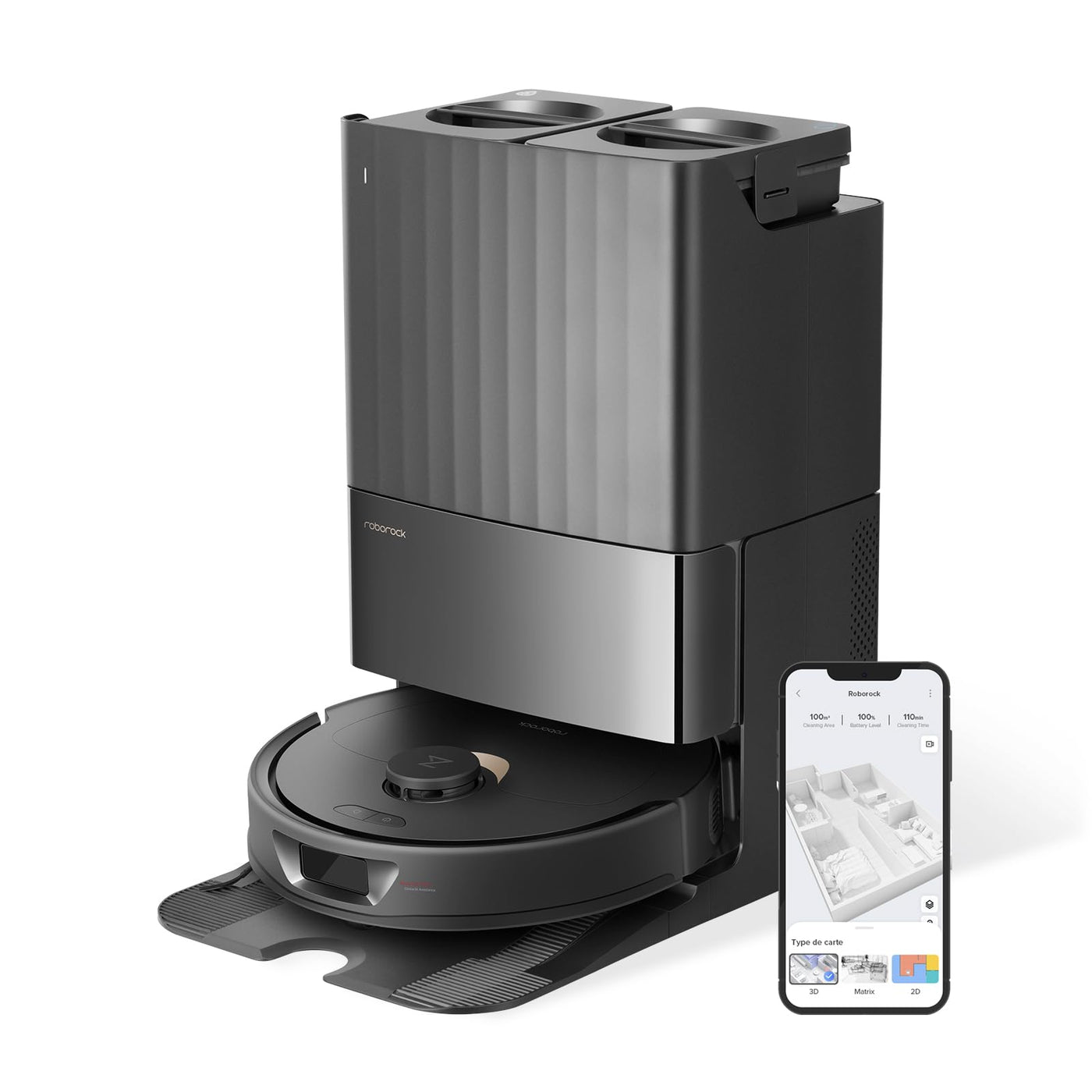 roborock Qrevo Saugroboter mit Wischfunktion Absaugstation 5500 Pa Saugkraft, 3D-Kartierung, Doppeldrehmopps Wischroboter automatische Wasser-Befüllung, Entleerung, Staubbeutel-Entleerung, Reinigung