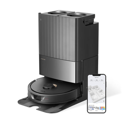 roborock Qrevo Saugroboter mit Wischfunktion Absaugstation 5500 Pa Saugkraft, 3D-Kartierung, Doppeldrehmopps Wischroboter automatische Wasser-Befüllung, Entleerung, Staubbeutel-Entleerung, Reinigung