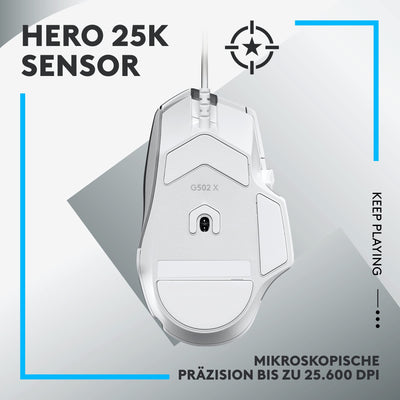 Logitech G502 X Kabelgebundene Gaming-Maus - LIGHTFORCE Hybrid optisch-mechanische Primärschalter, HERO 25K Gaming-Sensor, Kompatibel PC - macOS/Windows - Weiß