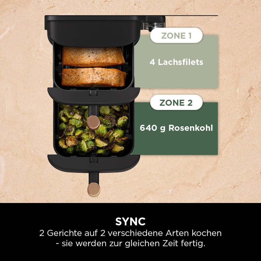 Ninja Double Stack XL Heißluftfritteuse, 2 vertikale Schubladen, 4 Kochstufen, 2 Einschübe, platzsparendes Design, 9,5 L Fassungsvermögen, 6 Funktionen, 8 Portionen, Zange, Schwarz/Kupfer SL400EUCP