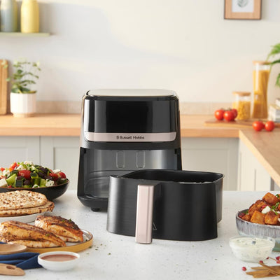 Russell Hobbs Heißluftfritteuse L 4,3L Rapid AirFryer [sehr kleines Gehäuse, sehr leise, 9 Programme] SatisFry (spülmaschinenfest, Fritteuse ohne Öl, TouchScreen, Grillen, Backen, Braten etc) 27610-56