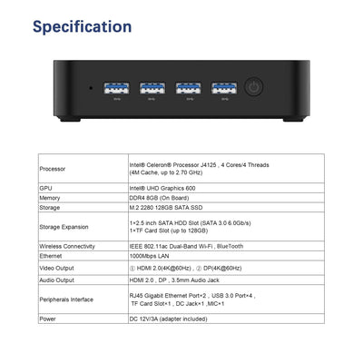 MINIS FORUM GK41 Mini-PC 8 GB DDR4 128 GB SSD mit Celeron J4125 Quad Core-Prozessor (bis 2,7 GHz) Mini-Computer 4XPorts USB3.0 2XGigabit Ethernet 4K HDMI/DP WiFi Double BT4.2