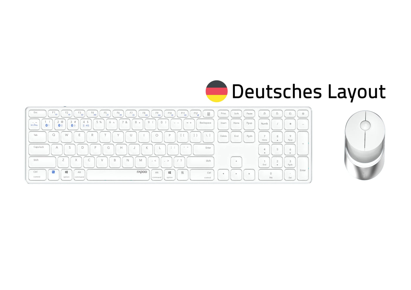 Rapoo 9850M kabelloses Tastatur-Maus Set Wireless Deskset 1600 DPI Sensor wiederaufladbarer Akku flaches Aluminium Design DE-Layout QWERTZ PC & Mac - weiß