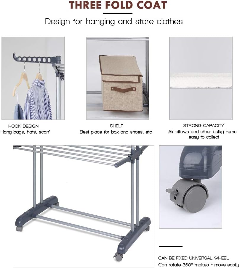 johgee Platzsparend und Praktisch Turmwäscheständer 172CM hoch Wäscheständer - innen mit faltbaren Flügeln， mit 4 Rollen - Davon 2 mit Feststellbremse