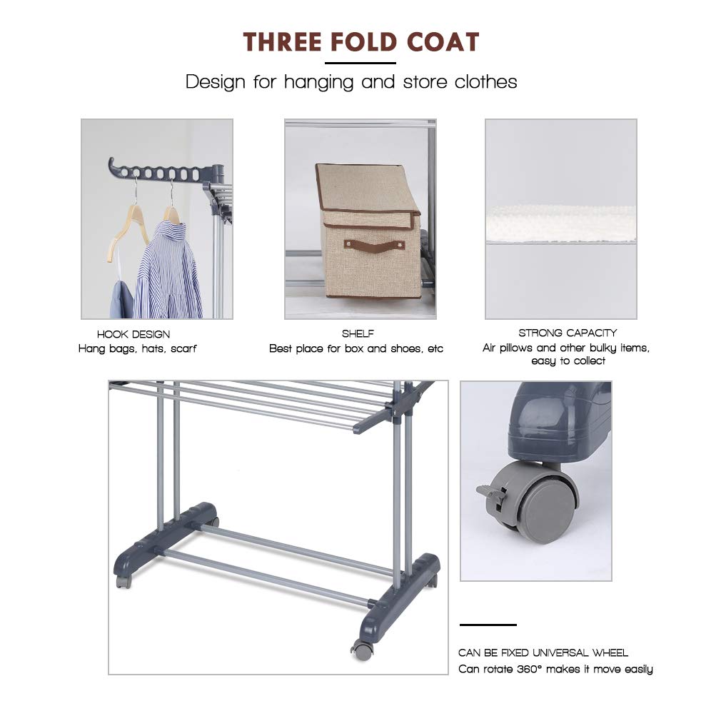 johgee Platzsparend und Praktisch Turmwäscheständer 172CM hoch Wäscheständer - innen mit faltbaren Flügeln， mit 4 Rollen - Davon 2 mit Feststellbremse