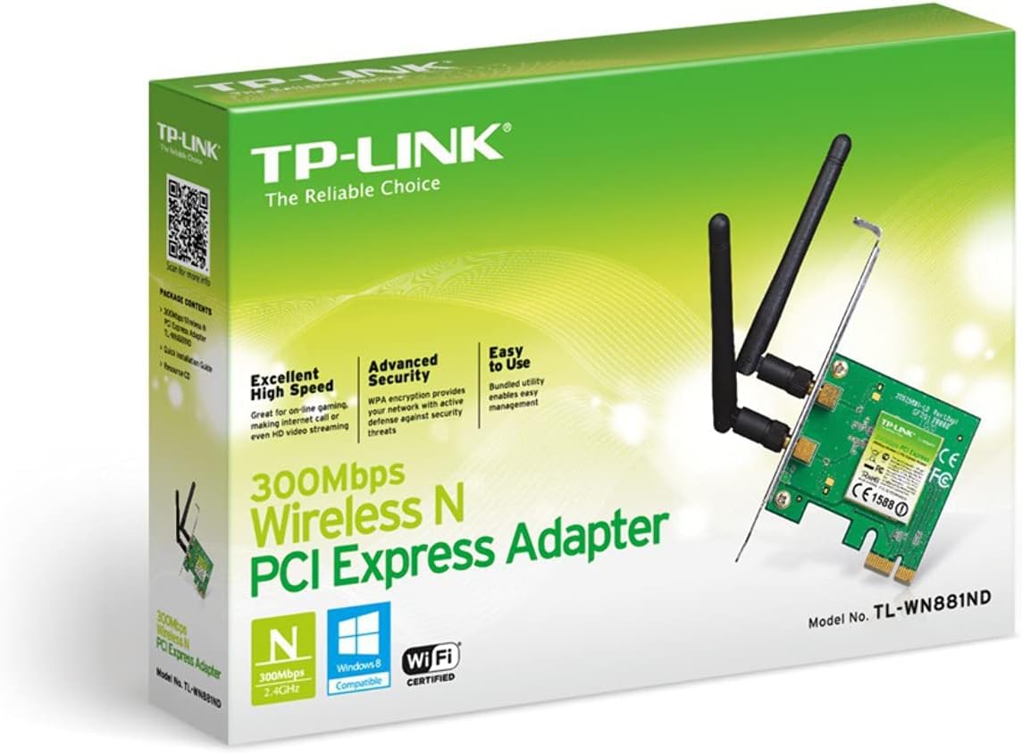 TP-Link 300 Mbps Wireless N PCI Express Adapter, PCIe Network Interface Card for Desktop, Low-Profile Bracket Included, Supports Windows 10/8.1/8/7 & Linux,Black (TL-WN881ND)