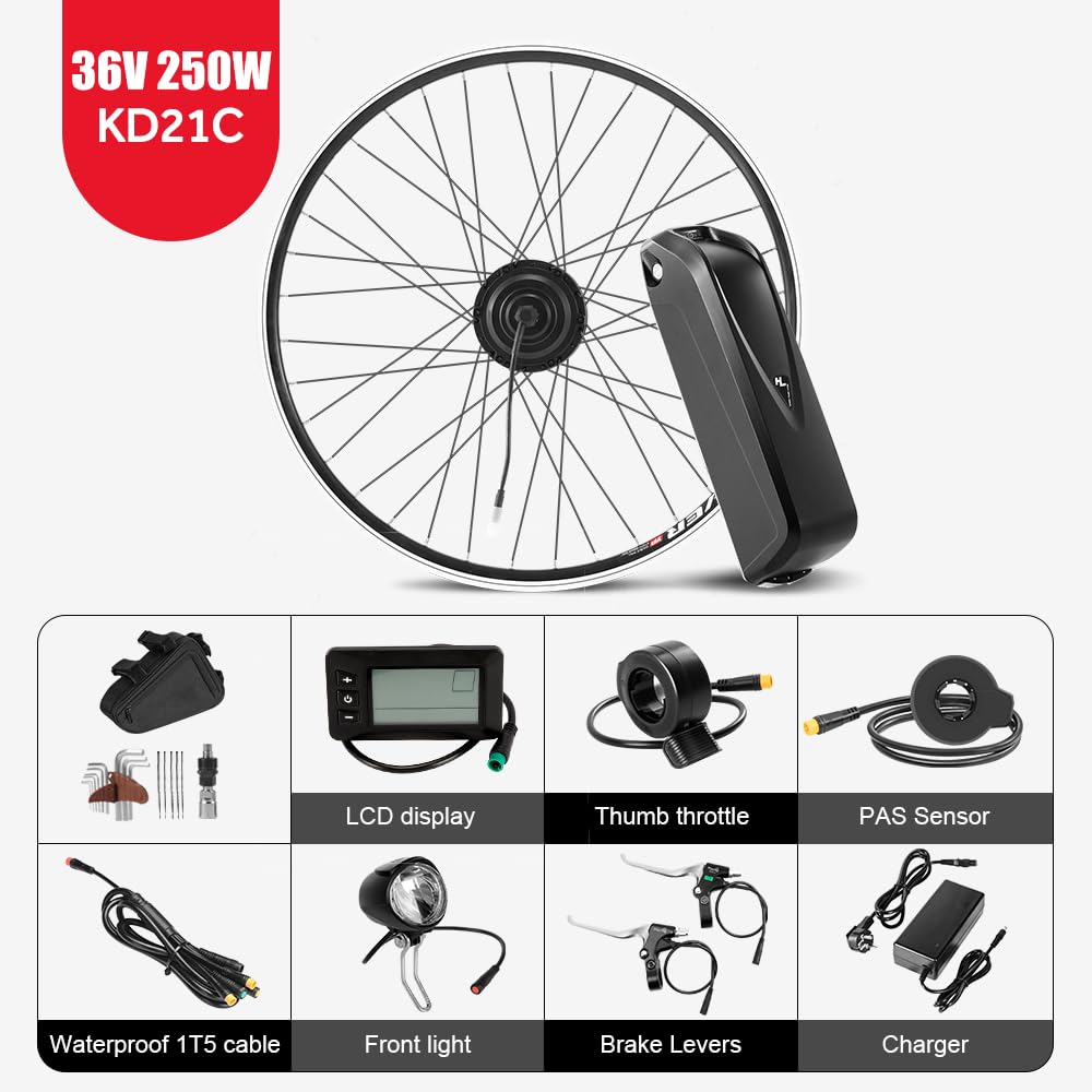 SEASON 26''/ 28''(700C) E-Bike Umbausatz 36V 250W Frontmotor mit 36V Akku, für Vorderrad, mit integriertem Controller und Ladegerät (26'' Kit+36V18Ah Akku)