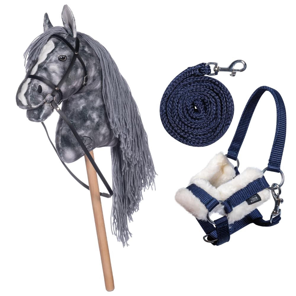 HKM Kids Hobby Horse, Apfelschimmel, Grau, mit Halfter und Führstrick in Blau, Steckenpferd für Kinder, Pferde Spielzeug