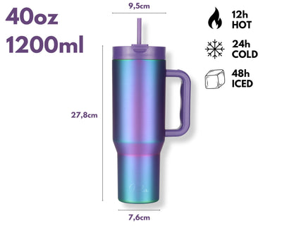 Milu Thermobecher 1200ml mit Strohhalm und Henkel – 48h Eis/24h kalt/12h heiß Edelstahl Tumbler 40oz mit Griff - Isolierbecher to go - Isolierflasche Trinkflasche doppelwandig isoliert (Aurora, 1,2L)