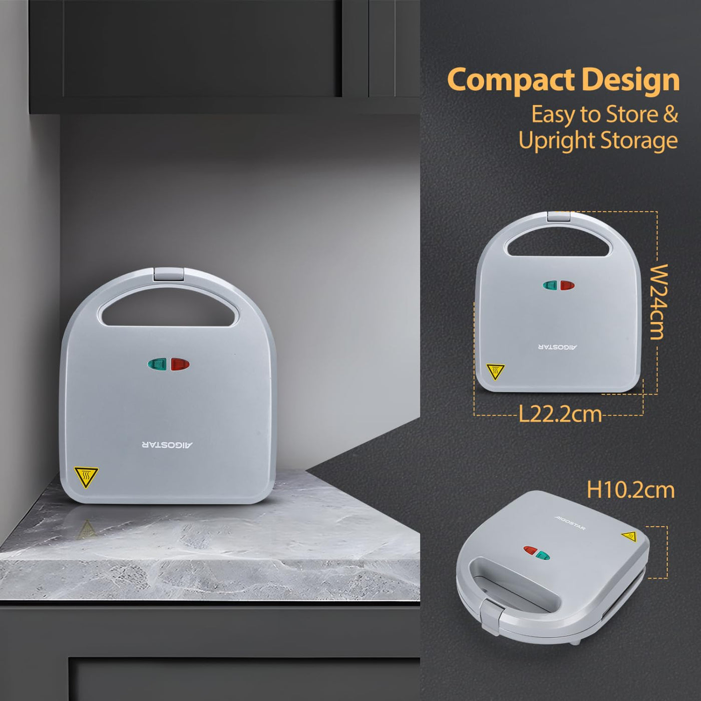 Aigostar Sandwich maker 3 in 1, Sandwich Maker, Kontaktgrill, Waffeleisen 3 in 1, 750W, Antihaftbeschichtete abnehmbare Platten, wärmeisolierter Griffe, Grau, Grace