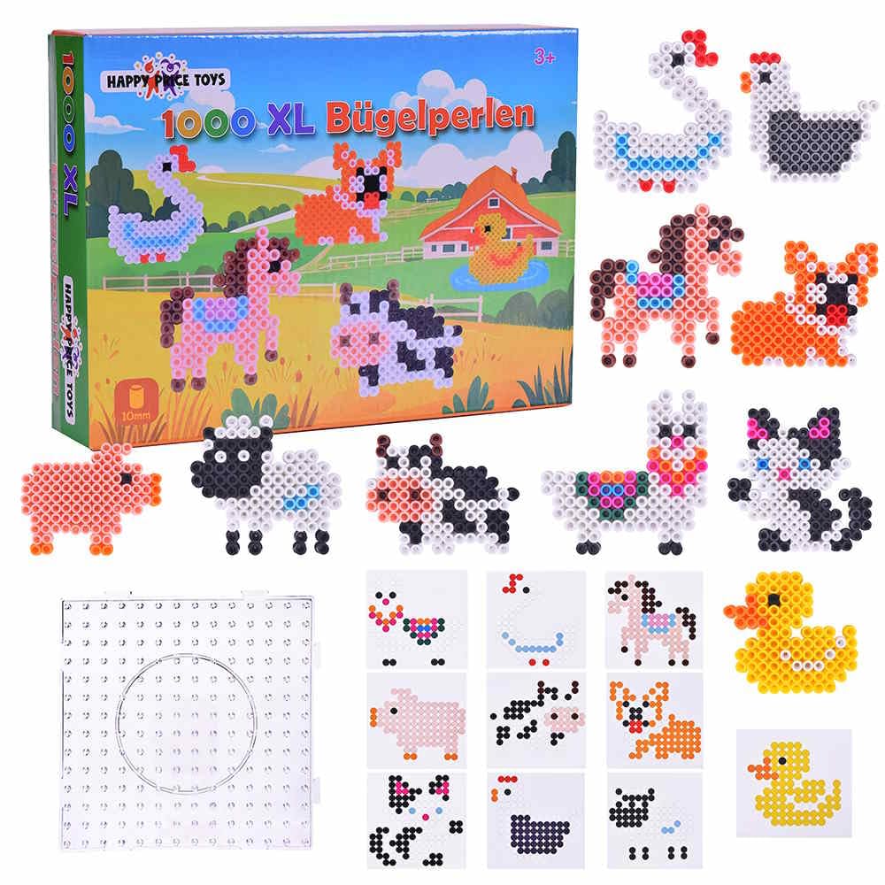 1000 Maxi XL 10mm Bügelperlen Set Bauernhof, 1 Maxi Stiftplatte, 1000 Bunte Bügelperlen, 10 Papiervorlagen, 3x Bügelpapier Kreativer Bastelspaß für Kinder ab 3 Jahren.