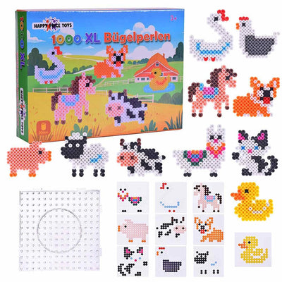1000 Maxi XL 10mm Bügelperlen Set Bauernhof, 1 Maxi Stiftplatte, 1000 Bunte Bügelperlen, 10 Papiervorlagen, 3x Bügelpapier Kreativer Bastelspaß für Kinder ab 3 Jahren.