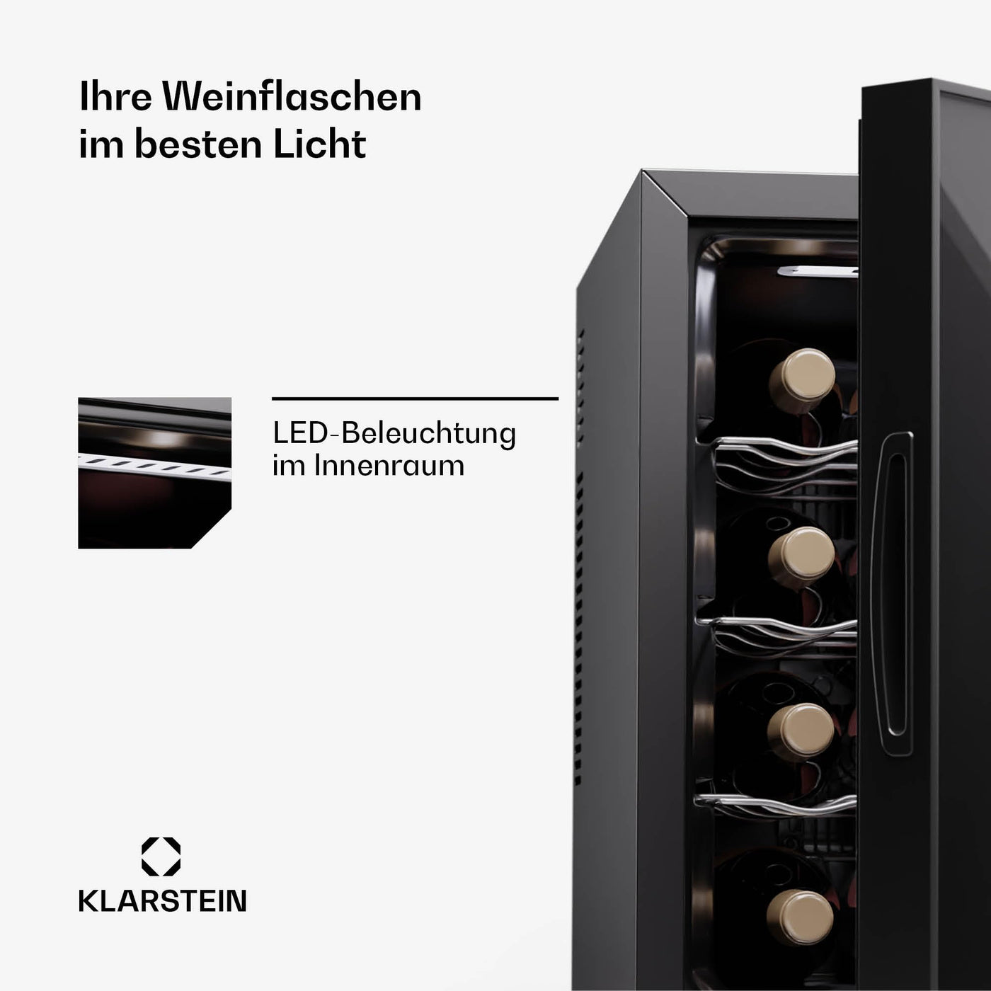 Klarstein Freistehender Weinkühlschrank 1 Zone, Getränkekühlschrank Klein, Kleiner Weinschrank, Wein-Kühlschrank Klein mit Glastür, Indoor/Outdoor Flaschenkühlschrank, Wine Fridge, 12 Flaschen