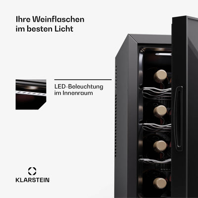 Klarstein Freistehender Weinkühlschrank 1 Zone, Getränkekühlschrank Klein, Kleiner Weinschrank, Wein-Kühlschrank Klein mit Glastür, Indoor/Outdoor Flaschenkühlschrank, Wine Fridge, 12 Flaschen