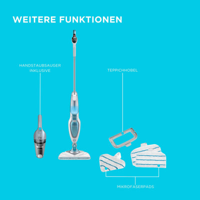 BLACK+DECKER 1600W Dampfreiniger Steam Mop Deluxe (selbststehender Dampf Mop für versiegelte Hartböden, Bodenreinigung mit waschbarem Microfaser-Pad, 180° drehbarer, herausnehmbarer Fuß) FSM1630-QS