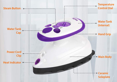 ANSIO Reise Min Dampfbügeleisen mit Ceramic Soleplate Kleines Leichtes Dampf Bügeleisen Perfekt für Reisen und Quilten, - 2 Jahre Garantie - Lila/weiß
