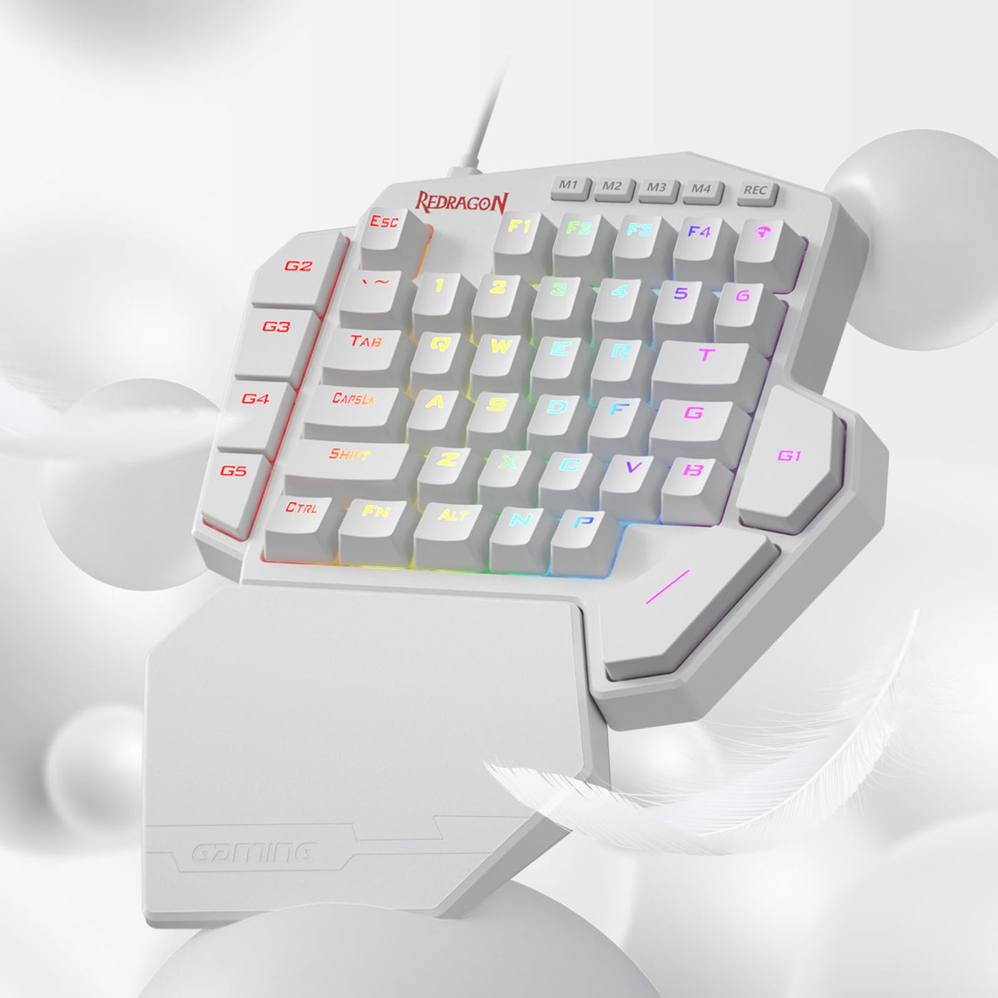 Redragon K585 DITI Einhändige mechanische RGB-Gaming-Tastatur, Typ-C-Profi-Gaming-Tastatur mit 7 integrierten Makrotasten, abnehmbare Handballenauflage, 42 Tasten (weiß, Blauer Schalter)