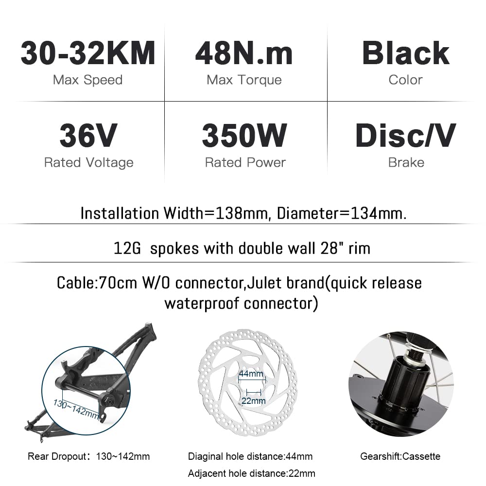 YOSE POWER E-Bike Conversion Kit 36V350W 28"(700C) Heckmotor Steckkranz Elektrofahrräder Umbausatz Cassette 28 Zoll Schwarz mit LCD Display