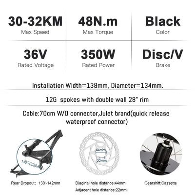 YOSE POWER E-Bike Conversion Kit 36V350W 28"(700C) Heckmotor Steckkranz Elektrofahrräder Umbausatz Cassette 28 Zoll Schwarz mit LCD Display