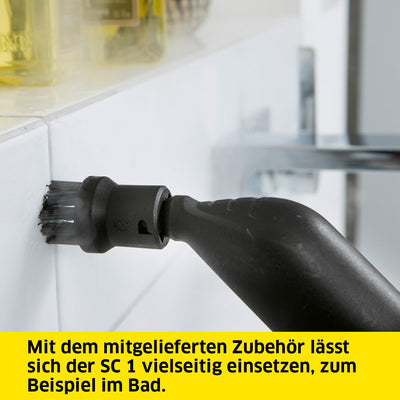 Kärcher Dampfreiniger SC 1, Dampfdruck: 3 bar, Aufheizzeit: 3 min., Leistung: 1.200 W, Flächenleistung: 20 m², Tank: 200 ml, mit Hand-, Punktstrahl- und Powerdüse, Mikrofaser-Überzug und Rundbürste