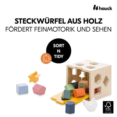hauck Sort N Tidy Activity Würfel aus Holz – Motorikwürfel ab 1 Jahr mit 12 Steckformen & Deckel, Lernspielzeug für Kleinkinder – Nachhaltiges Holzspielzeug, Geschenk für Mädchen & Jungen