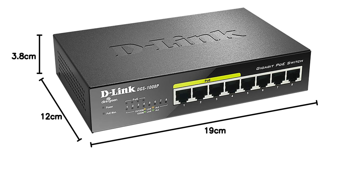 D-Link DGS-1008P, 8-Port Unmanaged PoE+ Gigabit Switch (8 Anschlüsse mit 10/100/1000 Mbit/s, 4 davon mit PoE-Unterstützung, 60W PoE Kapazität, Plug & Play, lüfterlos, Metallgehäuse)