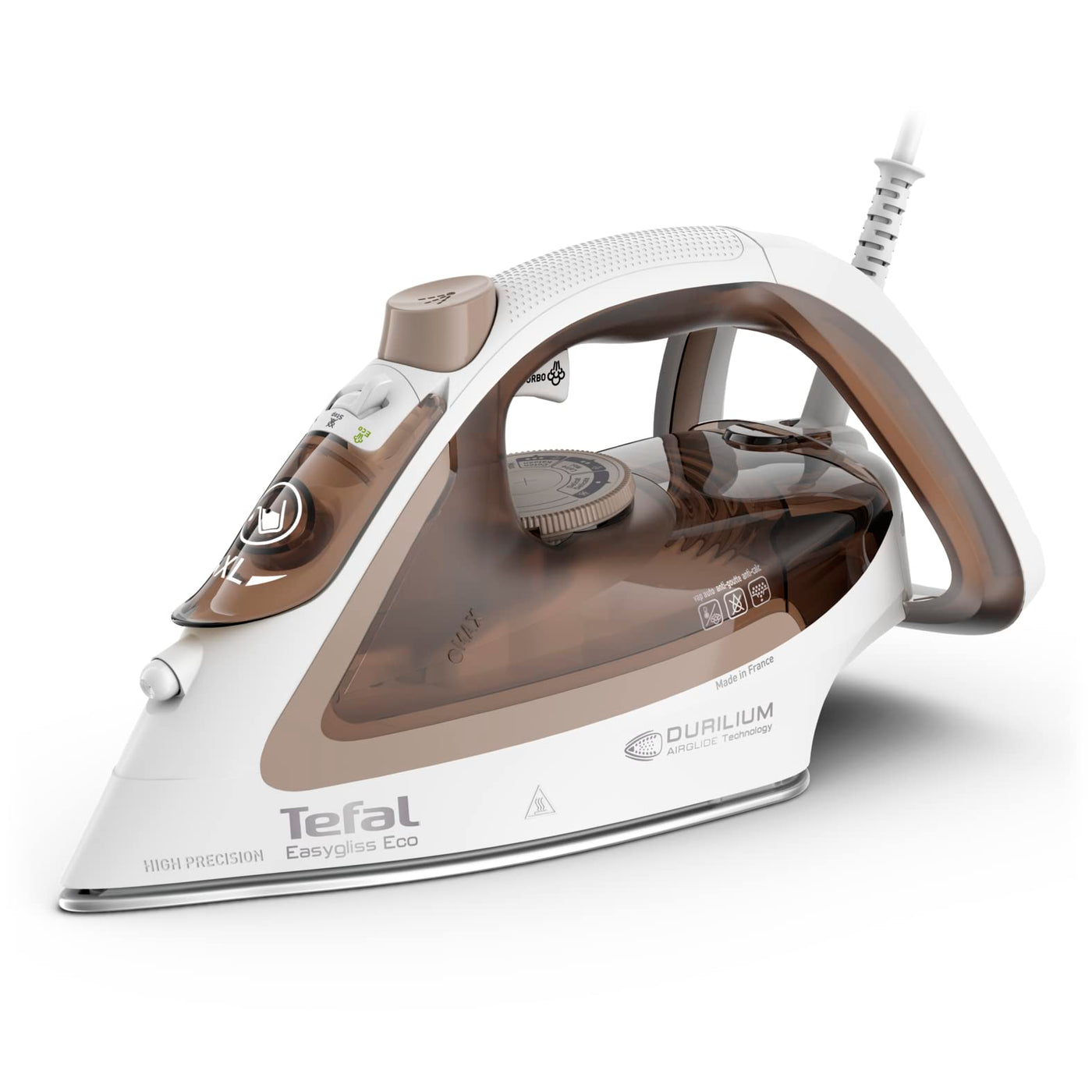 Tefal Easygliss Eco Dampfbügeleisen, 2800 Watt, 240 g/Min. Dampfstoß, 50 g/Min. automatischer Dampf, Vertikaldampf, Durilium AirGlide Bügelsohle, 88% recycelbar, Eco-Modus, mocha/weiß, FV5780