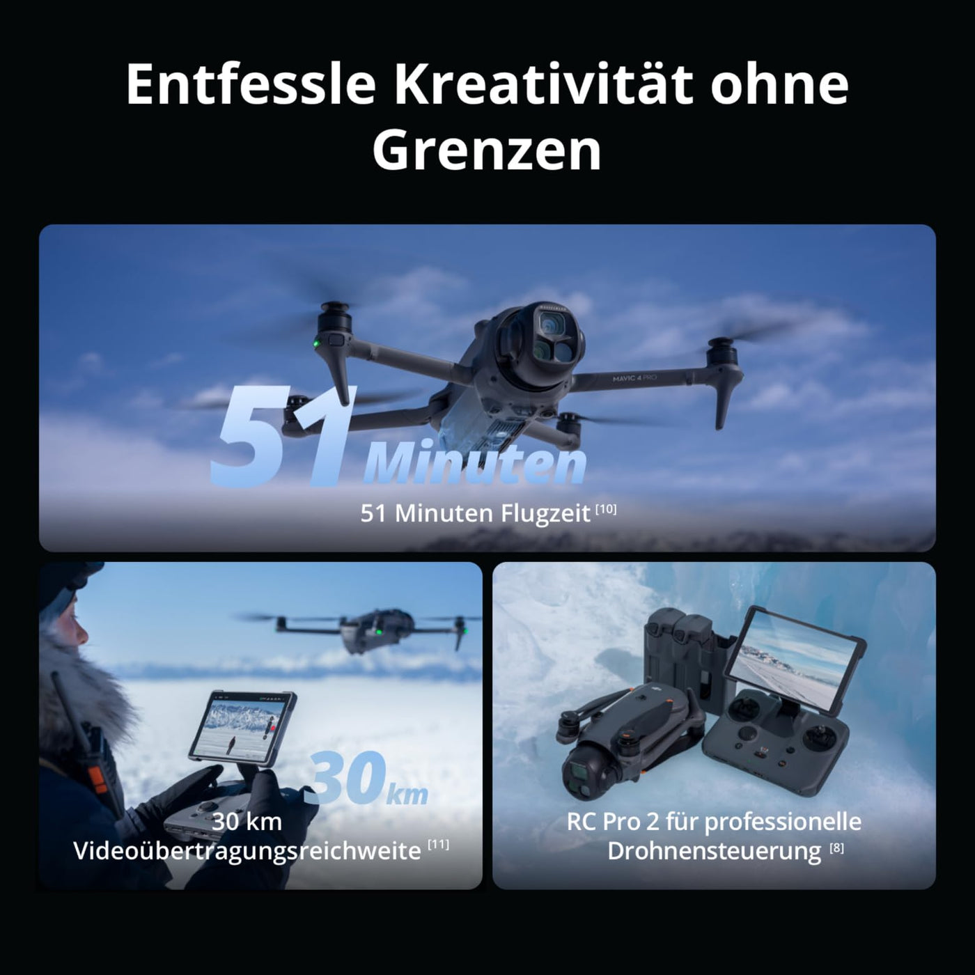DJI Mavic 4 Pro Drohne mit DJI RC 2, Flaggschiff Triple Kamera Drone mit 100 MP 4/3-CMOS-Hasselblad-Kamera, Kameradrohne für Profis, 30 km Videoübertragung, 51 Min. max. Flugzeit