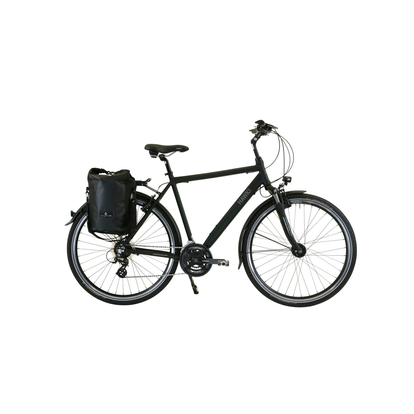 HAWK Trekking Gent Premium Plus Fahrrad Herren inkl. Tasche, 57 cm I Bike mit Microshift 24 Gang Kettenschaltung & Beleuchtung I Allrounder I Schwarz