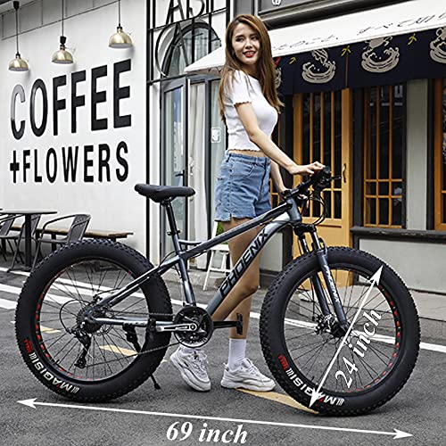 MEVZHH Erwachsenes Mountainbike, 24-Zoll-Räder, Fat Tire Mountainbikes Hardtail Mountainbike, Herren, Frauen Stahlrahmen, Mechanische Scheibenbremsen, Weiß, 30 Geschwindigkeit/Grau/21 Geschwindigkeit
