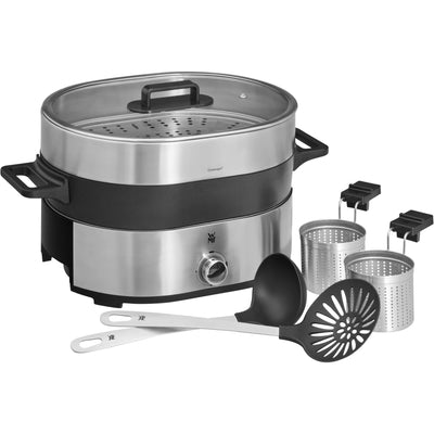 WMF Lono Hot Pot & Dampfgarer elektrisch 3,6l, chinesisches Fondue für 6 Personen, elektrische Dampfgarer, Dampfaufsatz für Dim Sum, Bao, Garkörbchen, 1700W, edelstahl matt