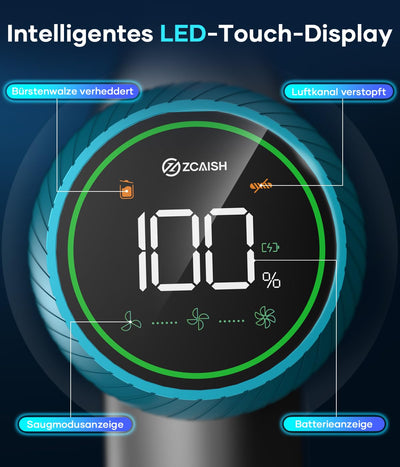 ZCAISH Akku Staubsauger, 45000Pa/550W/60 Mins Staubsauger Kabellos mit Smart Display, Staubsauger mit Wandmontiertes Laden & Anti-Verhedderung-Bürste für Teppich, Hartboden und Tierhaare(Upgrade)