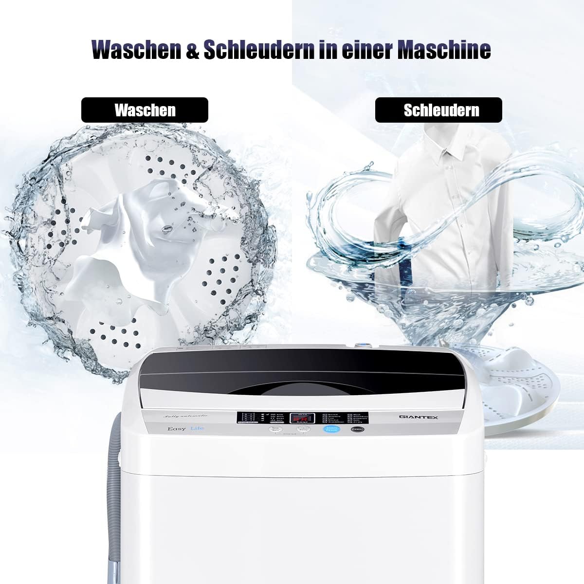 RELAX4LIFE 4,5 kg Vollautomatische Waschmaschine, Waschvollautomat mit Pumpe & Schleuder, Toplader Miniwaschmaschine mit LED-Display & 10 Programmauswahl, 310W/240W, 50 x 50 x 85 cm, Grau