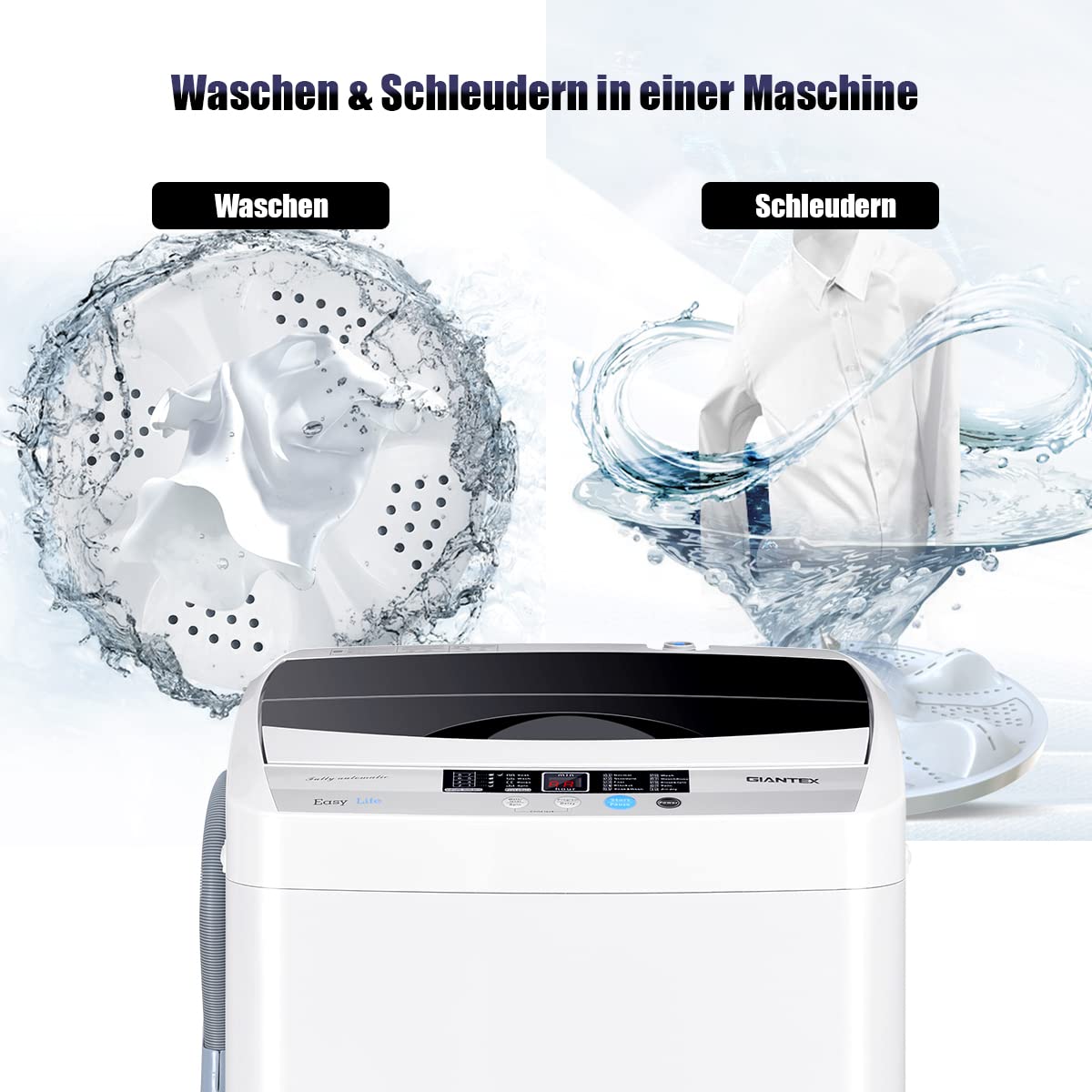 RELAX4LIFE 4,5 kg Vollautomatische Waschmaschine, Waschvollautomat mit Pumpe & Schleuder, Toplader Miniwaschmaschine mit LED-Display & 10 Programmauswahl, 310W/240W, 50 x 50 x 85 cm, Grau