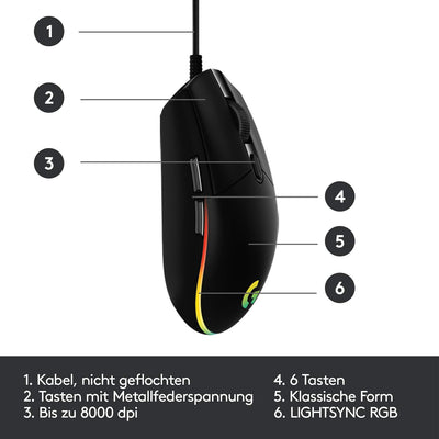 Logitech G203 Gaming-Maus mit anpassbarer LIGHTSYNC RGB-Beleuchtung, 6 programmierbare Tasten, spieletauglicher Sensor, Abtastung mit 8.000 DPI, Geringes Gewicht - Schwarz