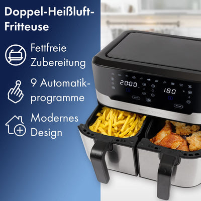 ProfiCook® Doppel-Heißluftfritteuse | 9 Liter | XXL Heißluftfritteuse Doppelkammer | Frittieren mit heißer Luft ohne zusätzliches Öl | 9 Programme | Air Fryer |Touchscreen | 2400 Watt | PC-FR 1242 H