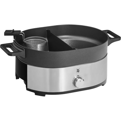 WMF Lono Hot Pot & Dampfgarer elektrisch 3,6l, chinesisches Fondue für 6 Personen, elektrische Dampfgarer, Dampfaufsatz für Dim Sum, Bao, Garkörbchen, 1700W, edelstahl matt