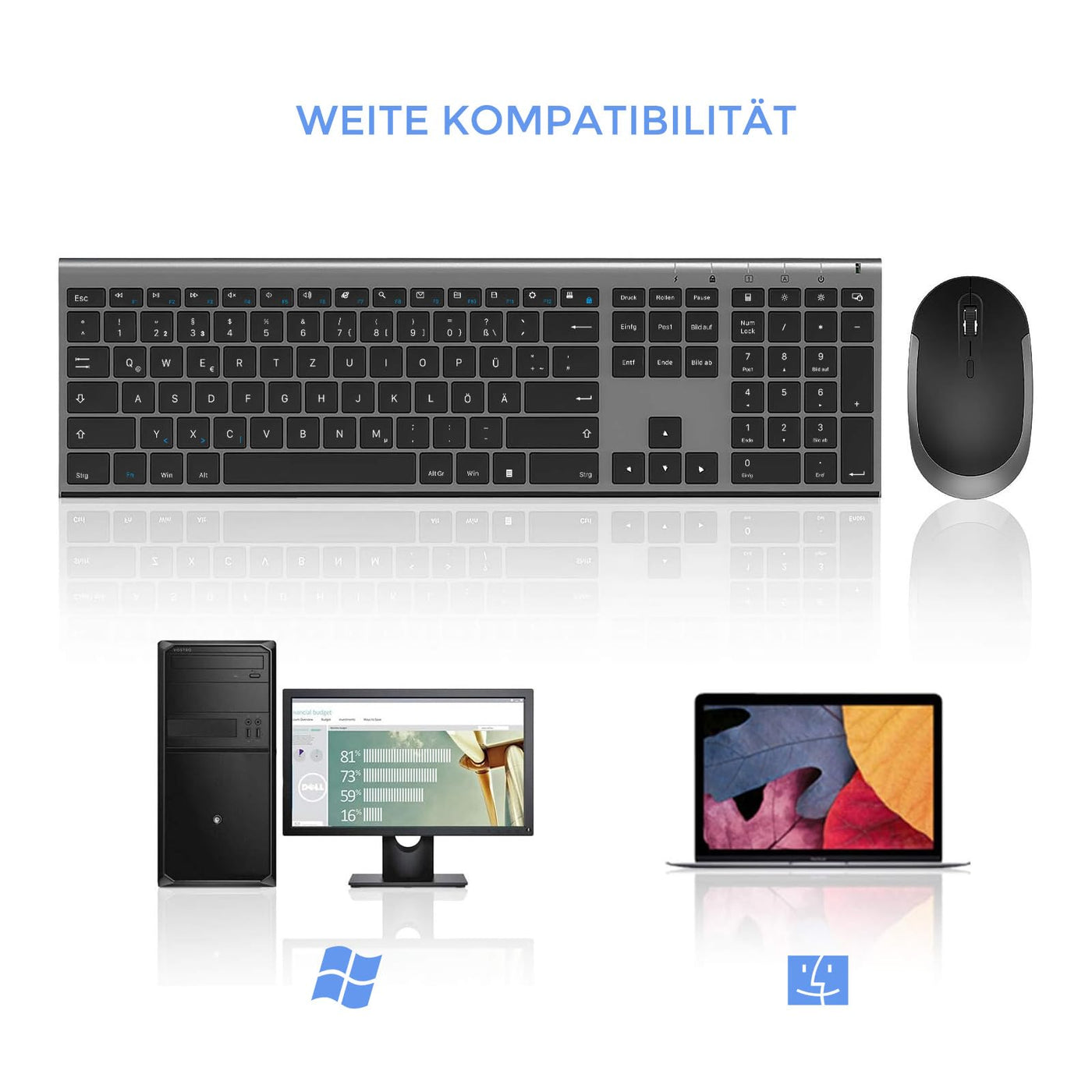seenda Funktastatur mit Maus, Wiederaufladbare Tastatur Maus Set kabellos für Computer/Laptop, leise klick, Fullsize & QWERTZ Layout(Schwarz & Grau)