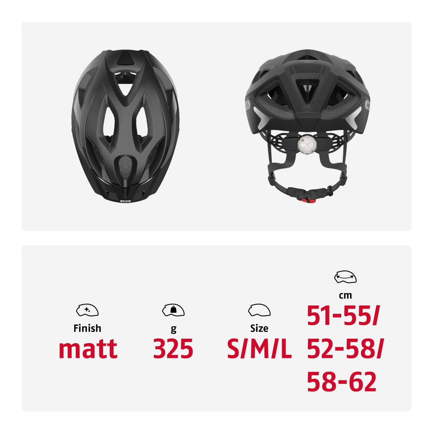 ABUS Stadthelm Aduro 2.0 - Allround-Fahrradhelm mit Licht - in sportivem Design für den Stadtverkehr - für Damen und Herren - Schwarz Matt, Größe L