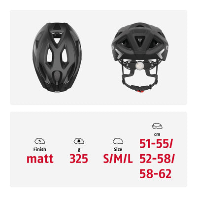ABUS Stadthelm Aduro 2.0 - Allround-Fahrradhelm mit Licht - in sportivem Design für den Stadtverkehr - für Damen und Herren - Schwarz Matt, Größe L