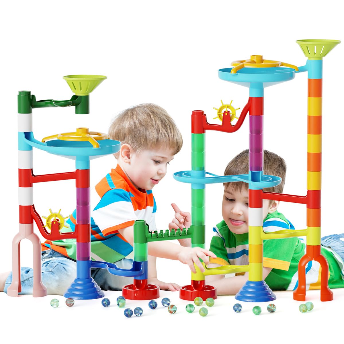 Murmelbahn Kinderspiel - 110PCS Mehrfarbige Kugelbahn Marble Run Set mit Spannende Bahnelementen und Glasmurmeln, kinderspiel Geschenk für Kinder Mädchen Jungen 3-12 Jahren