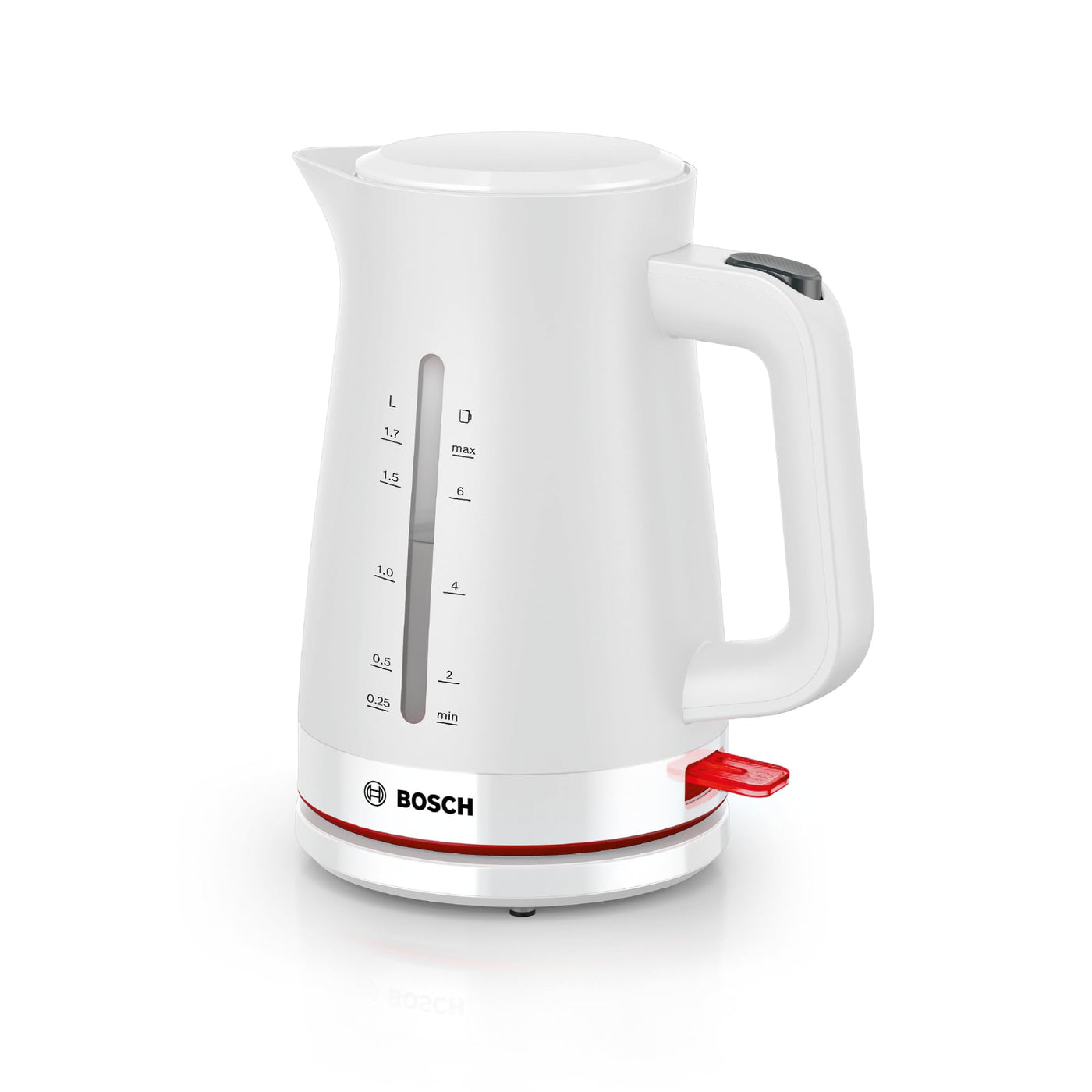 Bosch kabelloser Wasserkocher MyMoment TWK3M121, Abschaltautomatik, Überhitzungsschutz, Tassenanzeige, beidseitige Wasserstandsanzeige, entnehmbarer Kalkfilter, 1,7 L, 2400 W, Weiß matt