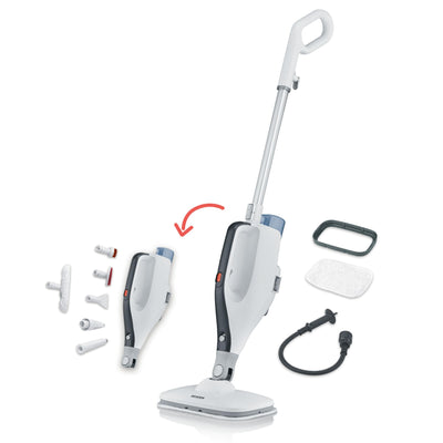 SEVERIN 2-in-1 Dampfreiniger mit Mehrzweck-Funktion & praktischem Kombi-Zubehör, für alle Hartböden und Teppiche, entfernt 99,9% Bakterien, nur 15 Sekunden Aufheizzeit, 9m Kabel, weiß/schwarz, SC 7145