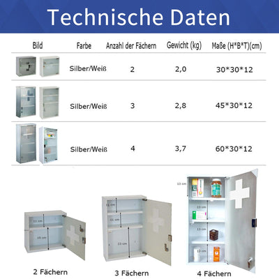 Style home Medizinschrank abschließbarer Arzneischrank 60x30x12cm, 4 Fächer, Metall Hausapotheke Medikamentschrank Erste-Hilfe-Schrank mit Glastür,inkl.2 Schlüsseln (Weiß)